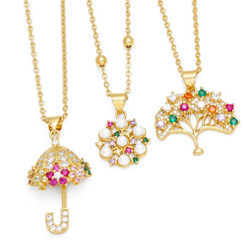 Creative personality inlaid with colored diamond umbrella pendant European and American niche design flower tree of life necklace clavicle chain nkr64