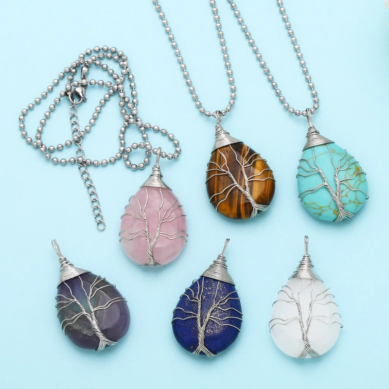 Hot selling teardrop-shaped necklace tree of life winding pendant amethyst turquoise agate pendant nkb637