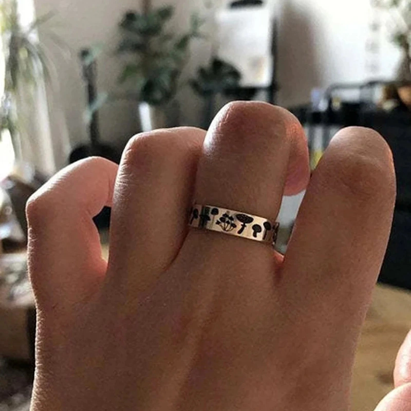  Metal blackened retro distressed ring for women, embossed mushroom pastoral ring, daily wear niche jewelry