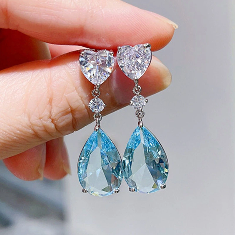 Exquisite light sea blue colored gemstone crystal zircon earrings summer new light luxury pear-shaped teardrop earrings