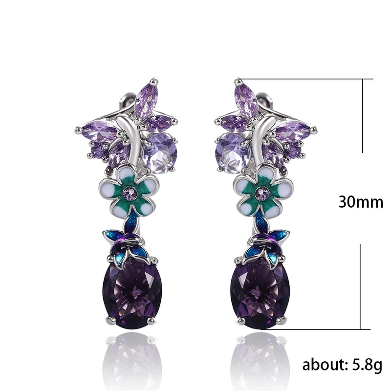 New oval purple zircon flower earrings for women European and American popular butterfly earrings for women