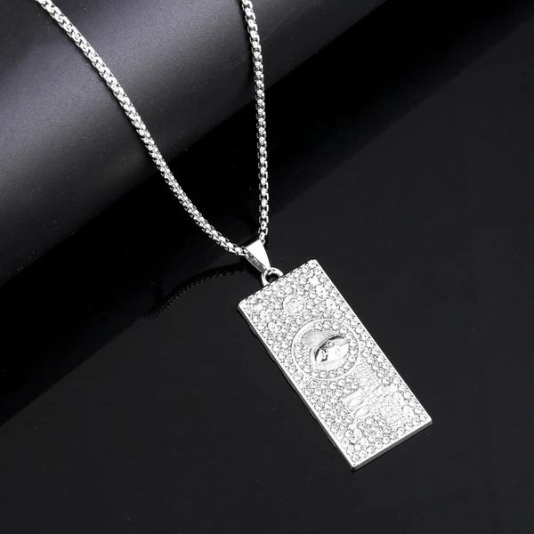 European and American personality hip-hop dollar bill necklace men and women trendy square pendant alloy rhinestone long necklace nkt34