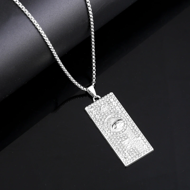 European and American personality hip-hop dollar bill necklace men and women trendy square pendant alloy rhinestone long necklace nkt34