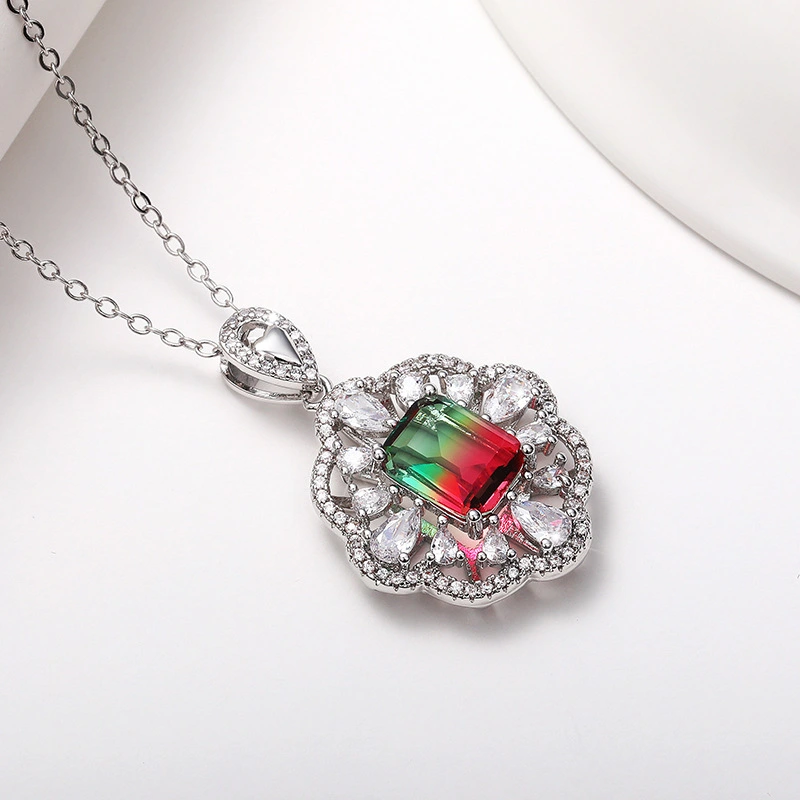 New exquisite hollow flower colored gemstone necklace luxury women's zircon pendant O chain