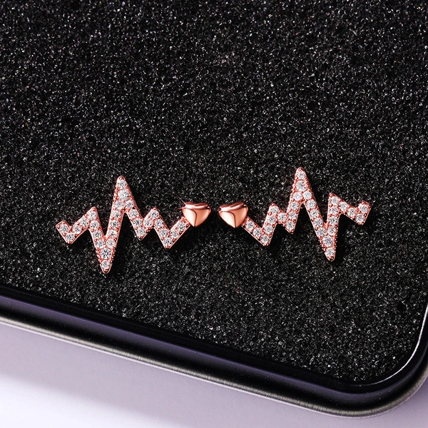 Creative electrocardiogram heartbeat earrings, new style inlaid zircon heartbeat earrings, simple and fashionable zircon lightning earrings