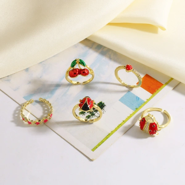 AS jewelry oil-drip gold-plated fruit cherry insect open ring finger ring ris21 ring