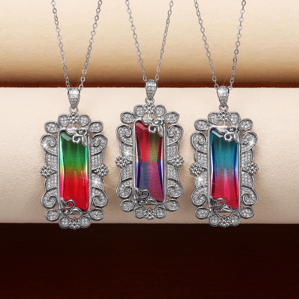 Hot selling European and American synthetic colored gemstone tourmaline pendant hollow pattern inlaid colored zircon necklace for women