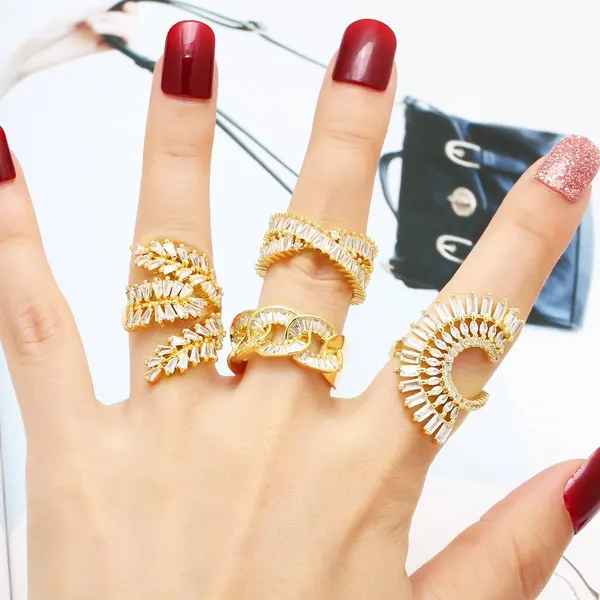 AS jewelry European and American geometric exaggerated high-end copper plated real gold inlaid zircon open ring female rih72