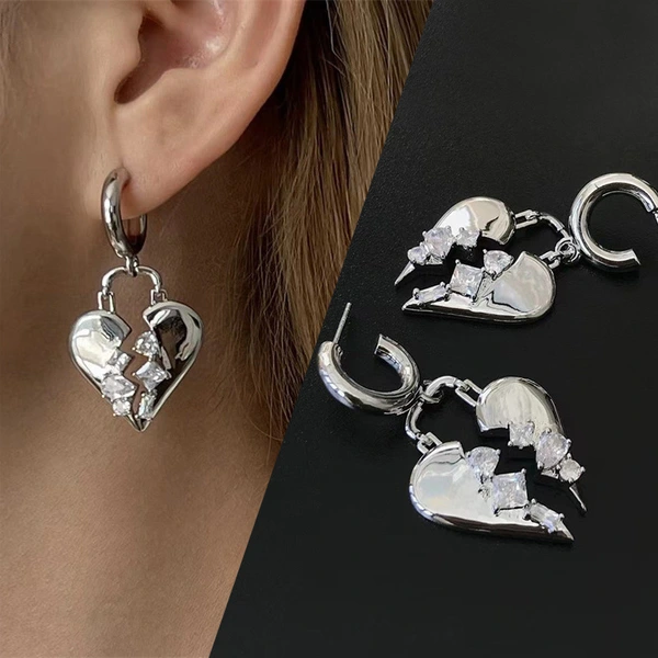  Broken zircon heart earrings cool style fashion light luxury design earrings personality temperament heart-shaped earrings