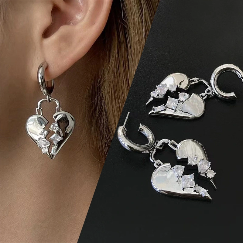  Broken zircon heart earrings cool style fashion light luxury design earrings personality temperament heart-shaped earrings