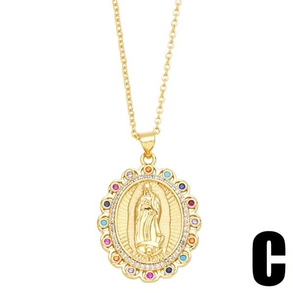 Popular European and American diamond-studded oval Virgin Mary necklace for women, personalized retro geometric Virgin Mary pendant nks88
