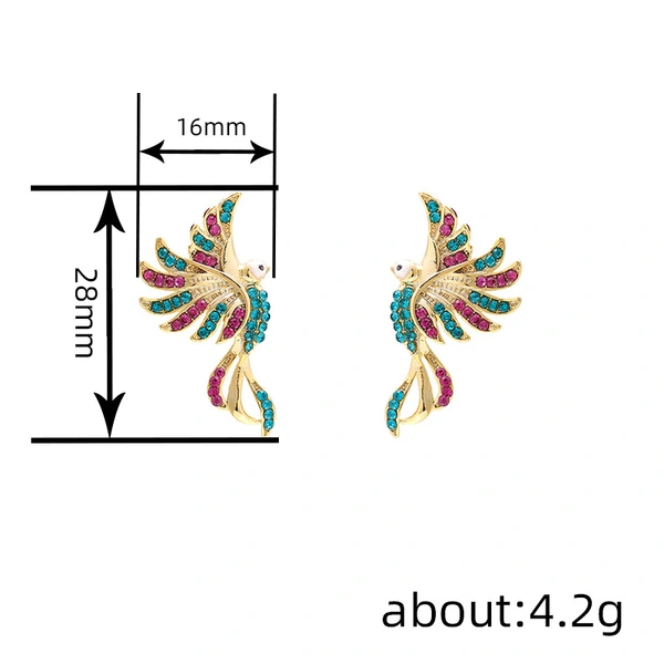  Ethnic style colorful auspicious bird earrings for women, fashionable and elegant temperament jewelry, micro-inlaid metal oil drop