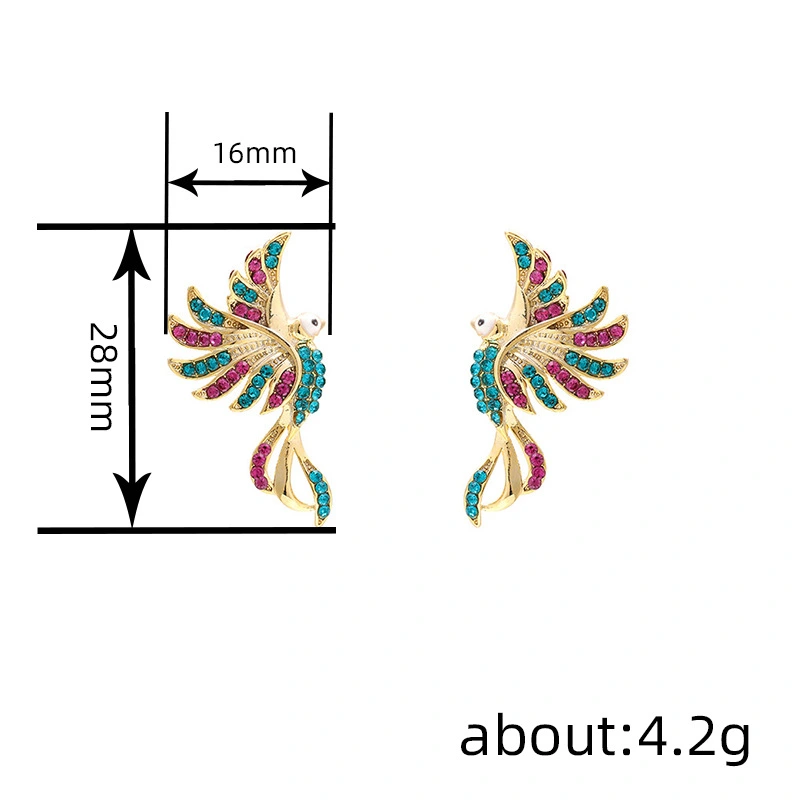  Ethnic style colorful auspicious bird earrings for women, fashionable and elegant temperament jewelry, micro-inlaid metal oil drop