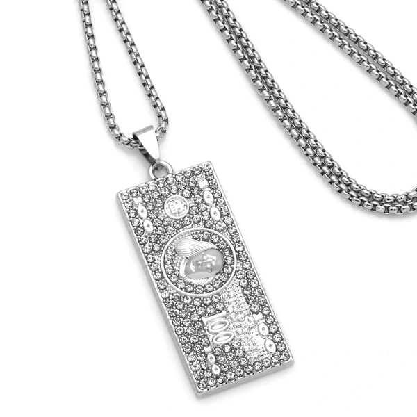 European and American personality hip-hop dollar bill necklace men and women trendy square pendant alloy rhinestone long necklace nkt34