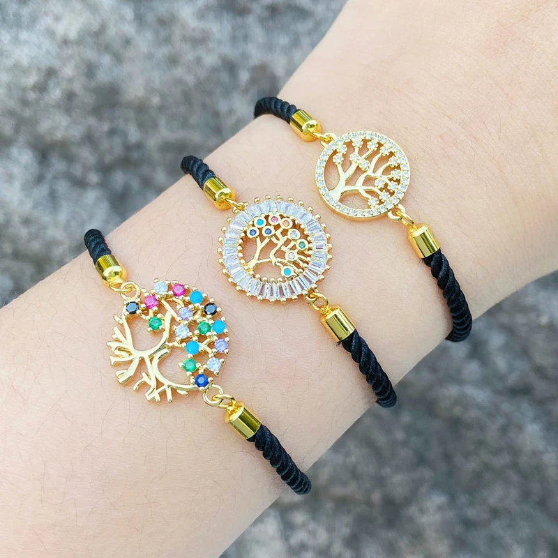 European and American fashion black rope bracelet men and women niche high-end tree of life inlaid zircon hand jewelry brm55