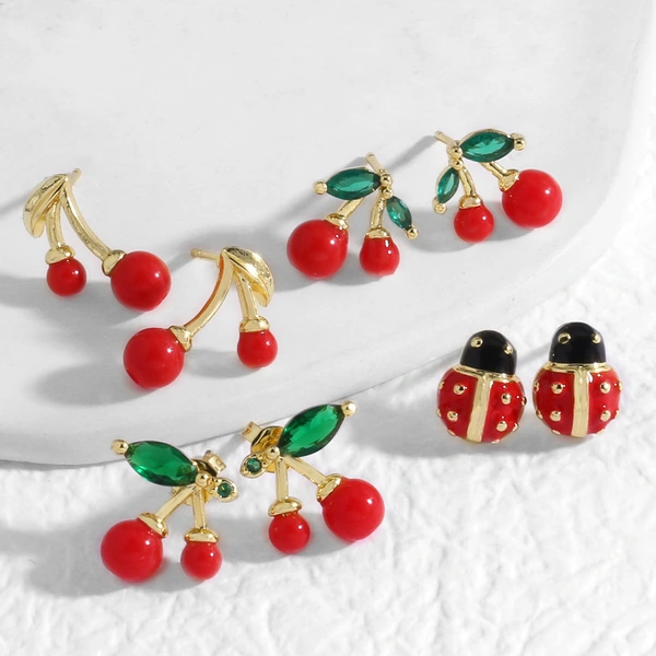 AS jewelry copper plated 18k gold fruit cherry inlaid zircon earrings earrings erq30 ring