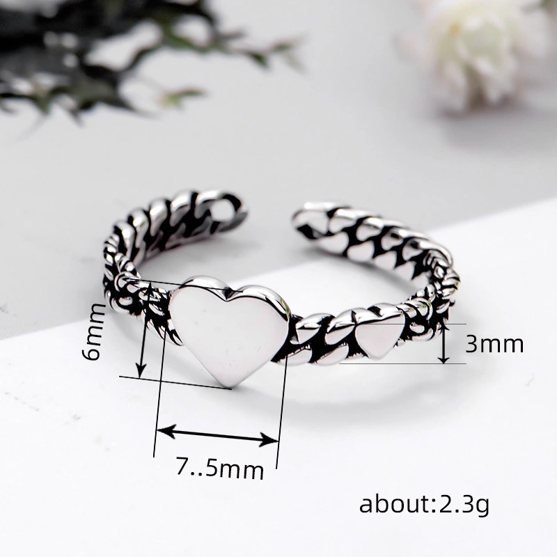  Opening adjustable fashion personality ring size love double peach heart ring heart-shaped ancient silver single ring