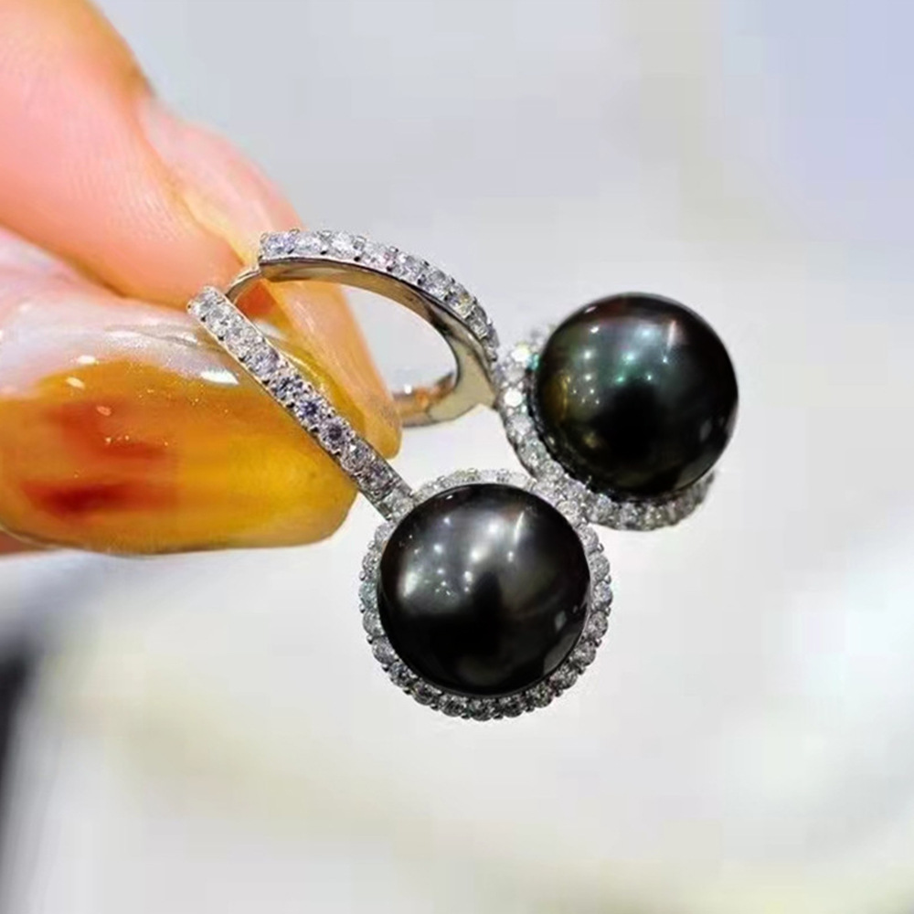 Baroque retro simple versatile black pearl zircon earrings exquisite temperament fashionable commuter earrings