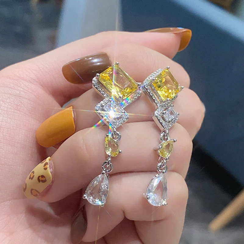 French light luxury square diamond tassel earrings for women niche design internet celebrity inlaid zircon earrings temperament accessories