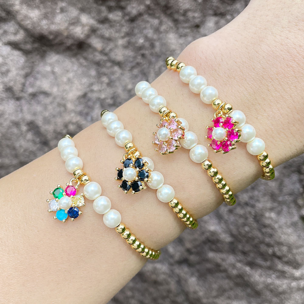 Clearance colored zircon flower beaded pearl bracelet female European and American summer niche design hand jewelry brh86