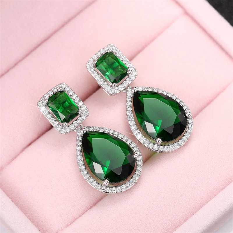 European and American classic teardrop earrings with micro-emerald and pear-shaped zircon long earrings for brides and evening parties