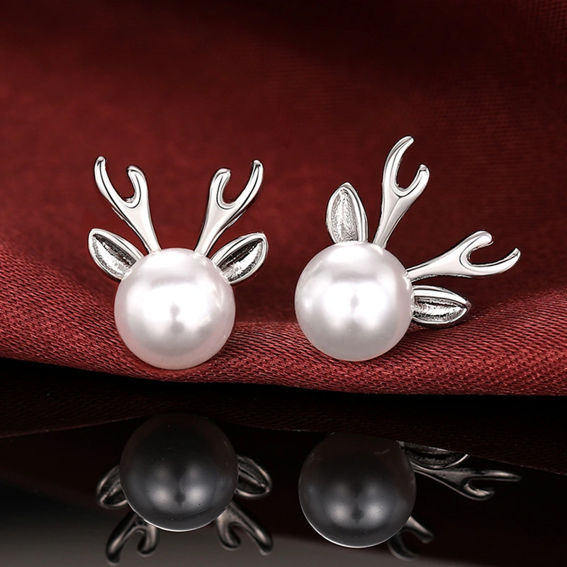  Cute Imitation Pearl Lady Antler Earrings Women Fashionable and Popular Earrings Christmas Matching Jewelry Gift