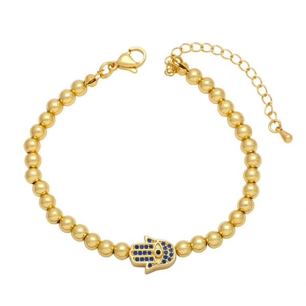 European and American personality hip-hop inlaid zircon Fatima hand bracelet female copper plated 18K gold round bead bracelet brc01