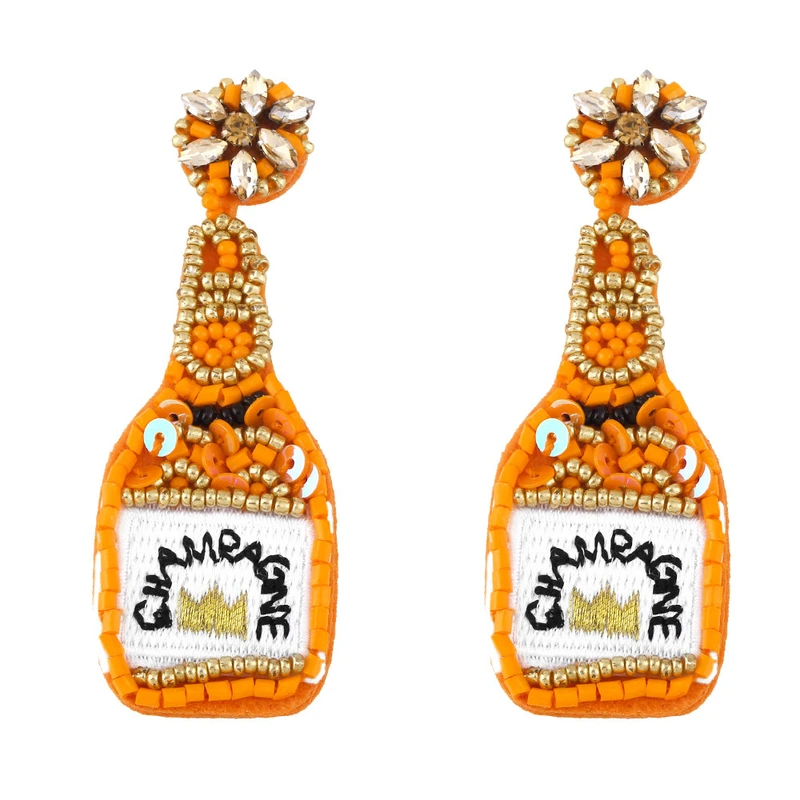 Clearance European and American exaggerated champagne bottle rice bead sequin earrings female embroidered letters CHAMEAGNE earrings ery15