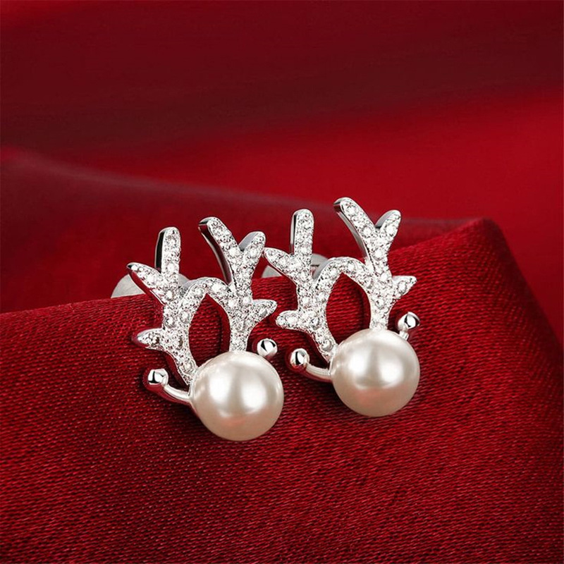  Elk antler Christmas earrings for women, sweet and exquisite princess holiday accessories, imitation pearl zircon jewelry