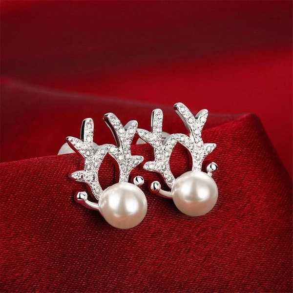  Elk antler Christmas earrings for women, sweet and exquisite princess holiday accessories, imitation pearl zircon jewelry