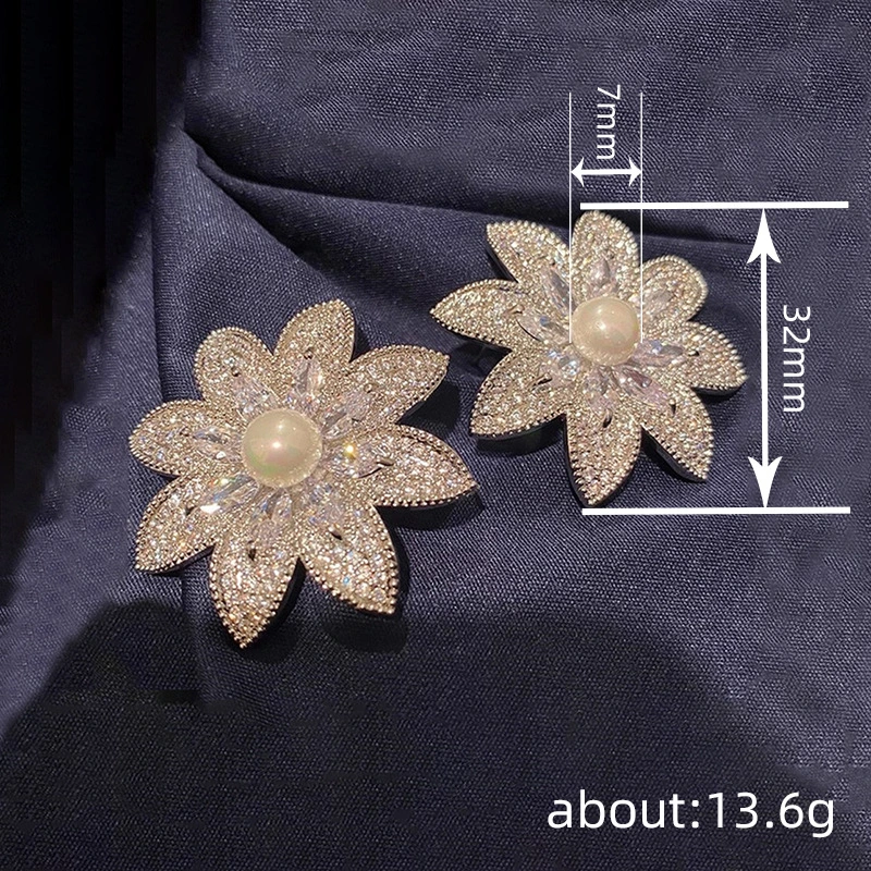  New style lady light luxury floral earrings for women exaggerated elegant imitation pearl earrings micro inlaid zircon jewelry