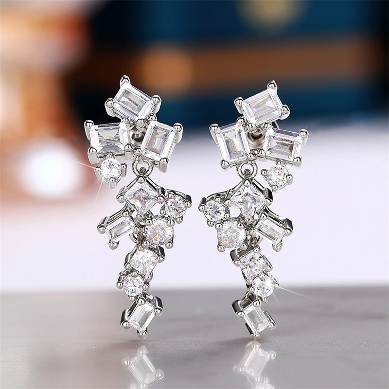 Japanese and Korean fresh and super shiny micro-inlaid zircon earrings diamond round square geometric earrings bridal earrings