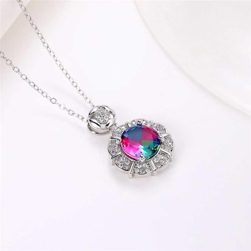Light luxury style colored gemstone pendant inlaid with gradient color zircon necklace European and American women's pendant clavicle chain