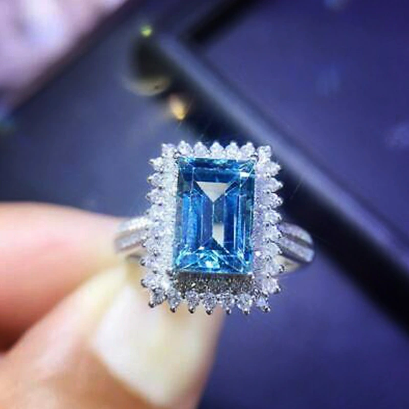 Hot selling luxury square full diamond inlaid sea blue zircon ring luxury bridal ring