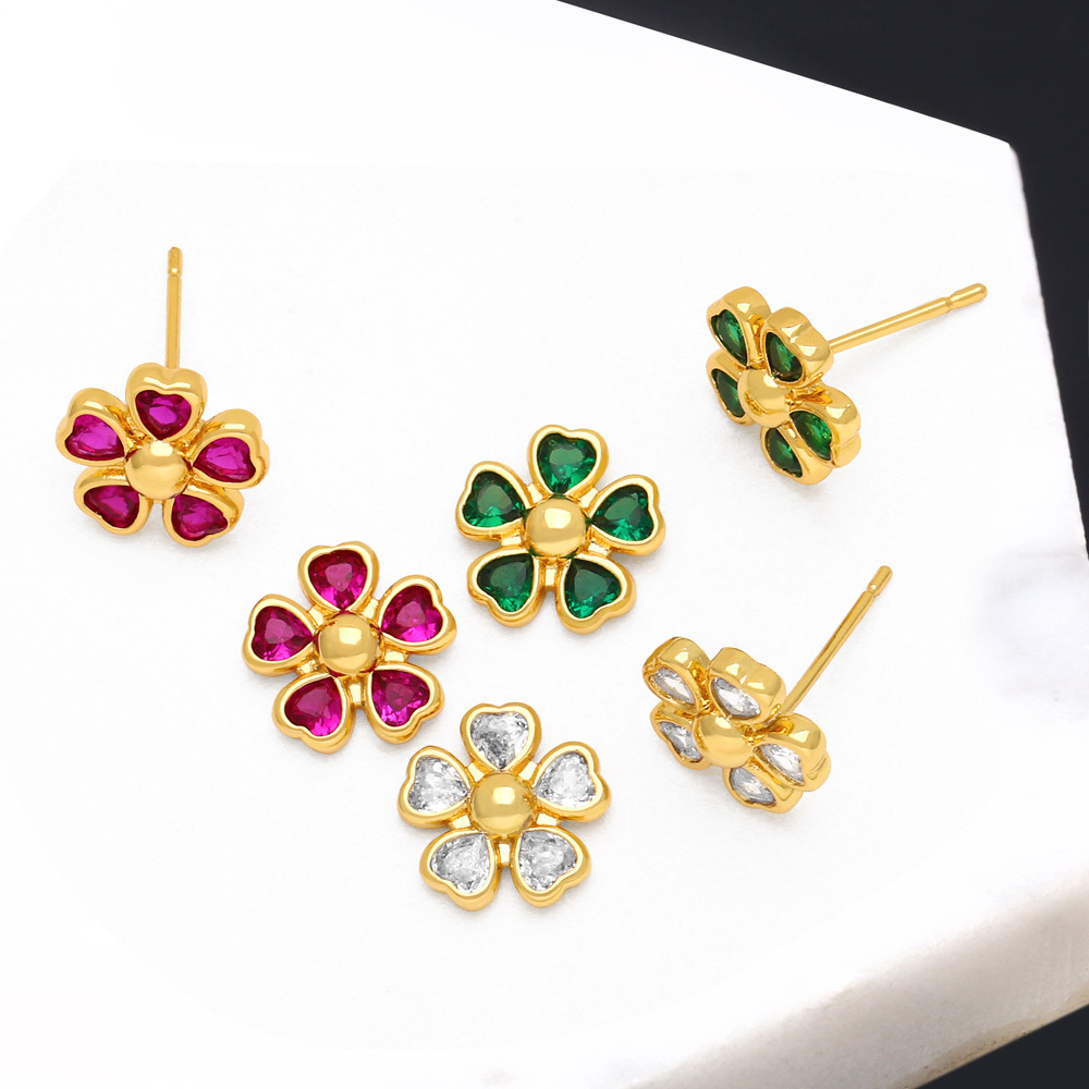 European and American simple fashion heart-shaped flower earrings Internet celebrity temperament versatile multi-color zircon earrings era312