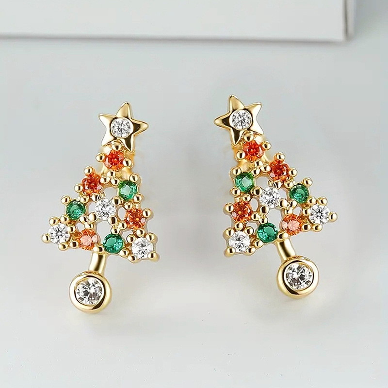  Exquisite Christmas tree earrings for women, micro-inlaid colorful and shiny earrings, fashionable and trendy holiday atmosphere gift