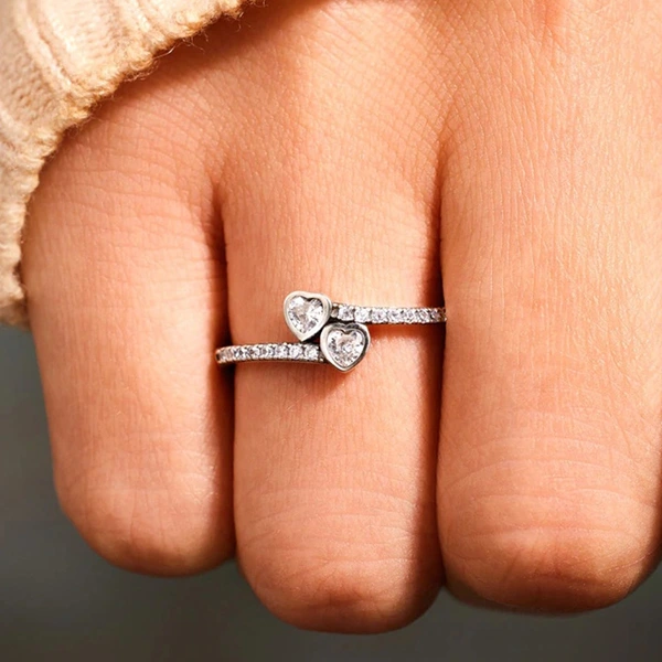  Hot sale in Japan and South Korea, exquisite love ring for women, double heart design, niche ring, sweet girl must-have