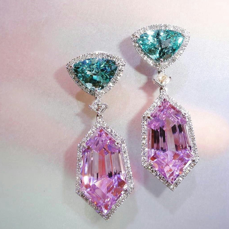 New 3A zircon pink element imitation crystal earrings simple temperament long women's earrings