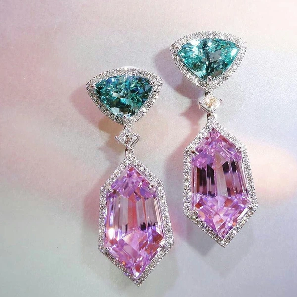 New 3A zircon pink element imitation crystal earrings simple temperament long women's earrings