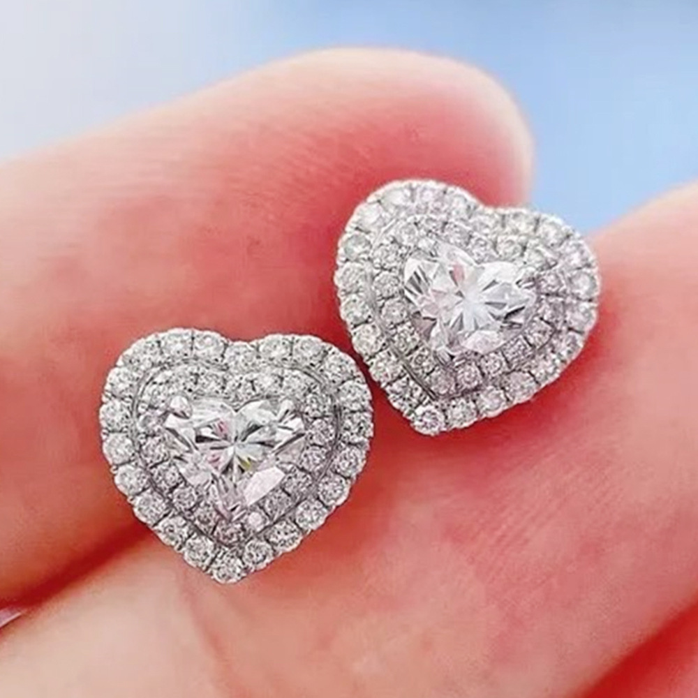 Light luxury style versatile design earrings sweet heart-shaped inlaid diamond zircon copper earrings for women