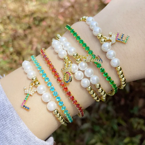 26 English letters bracelet female European and American copper beads pearl elastic bracelet fashion crown letter bracelet brf80