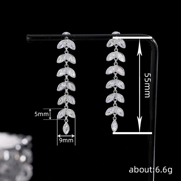  New arrival tassel leaf earrings for women, super long chain, geometric earrings inlaid with zircon, hot sale