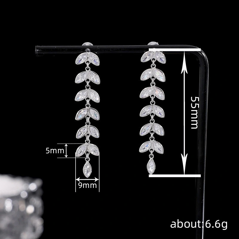  New arrival tassel leaf earrings for women, super long chain, geometric earrings inlaid with zircon, hot sale