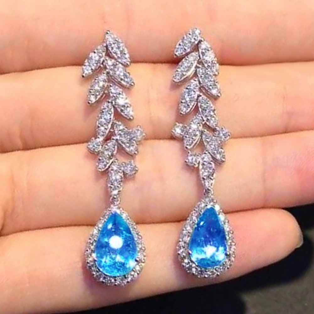Light luxury French design sea blue zircon teardrop earrings exquisite niche high-end temperament pear-shaped earrings