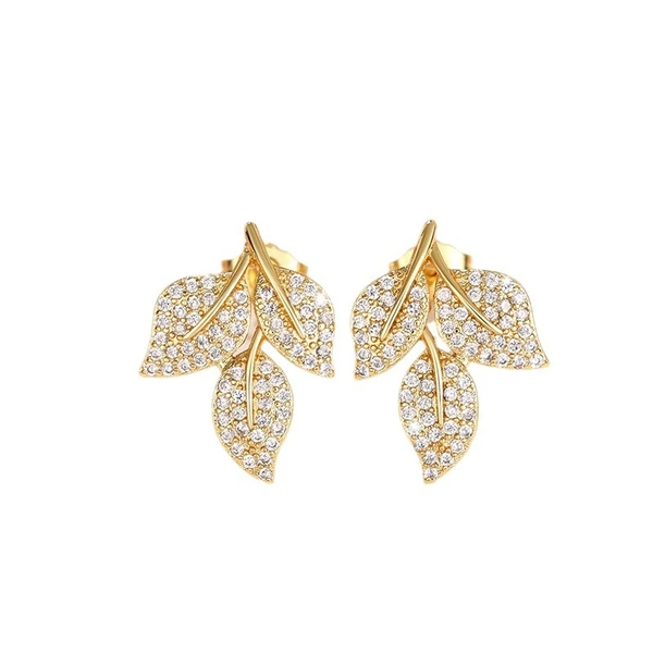  New style of diamond leaf earrings for women, exquisite and small, versatile earrings with floral design and aristocratic style