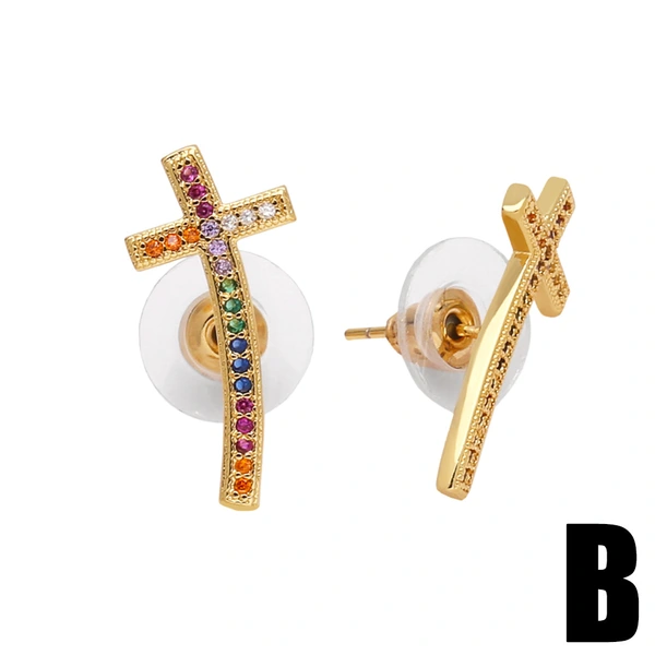 New cross earrings for women inlaid with colored zircon and gold-plated pearl earrings era025
