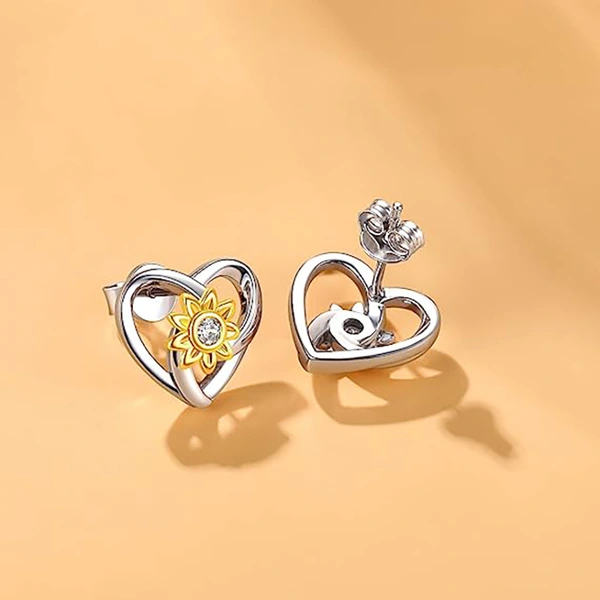  Japanese and Korean heart-shaped earrings, sunflower and sunflower two-color micro-inlaid earrings, elegant hollow design earrings