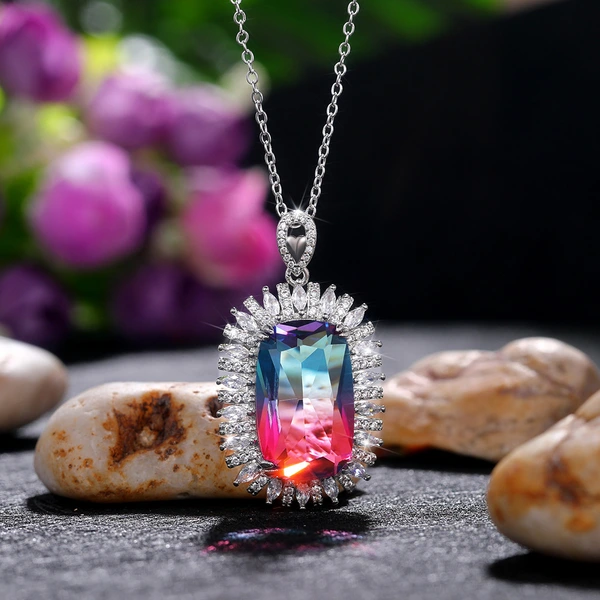 New Recommendation 23*14mm Super Large Gradient Colored Gemstone Pendant Mother's Day Gift Necklace