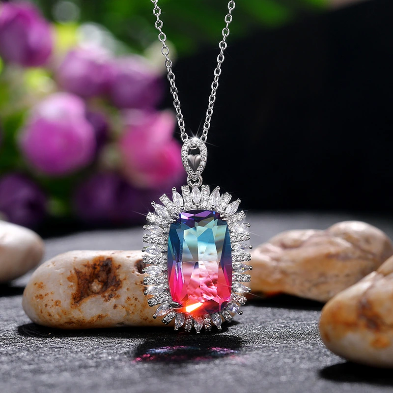 New Recommendation 23*14mm Super Large Gradient Colored Gemstone Pendant Mother's Day Gift Necklace