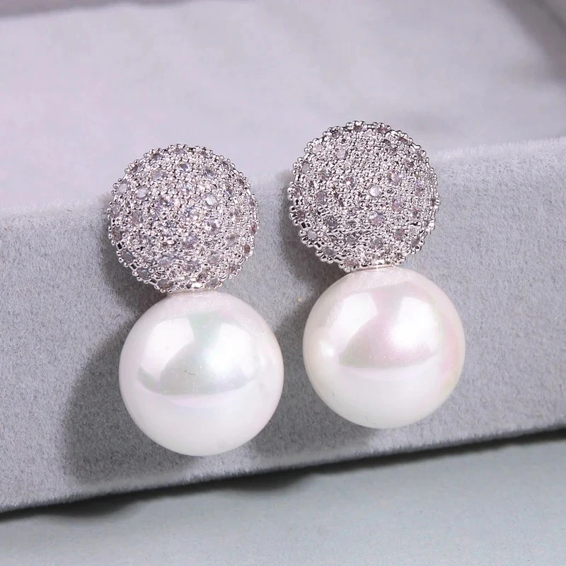 Factory direct sale earrings for women, full diamond imitation pearl princess earrings, round geometric dress accessories